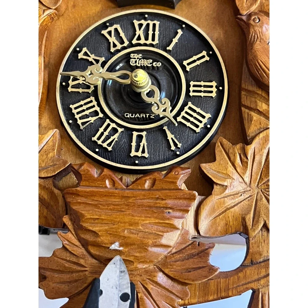 The Time Co Vintage Wooden Cuckoo Clock Carved Bird Leaf Black Forest Style